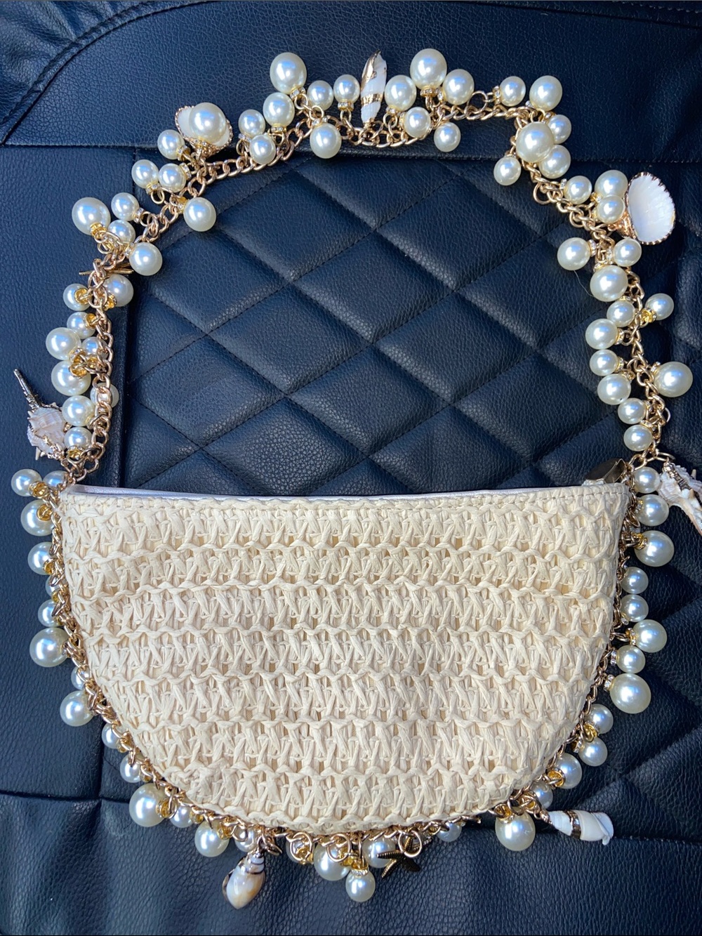 Pearl-Trim Woven Shoulder Bag - Cream